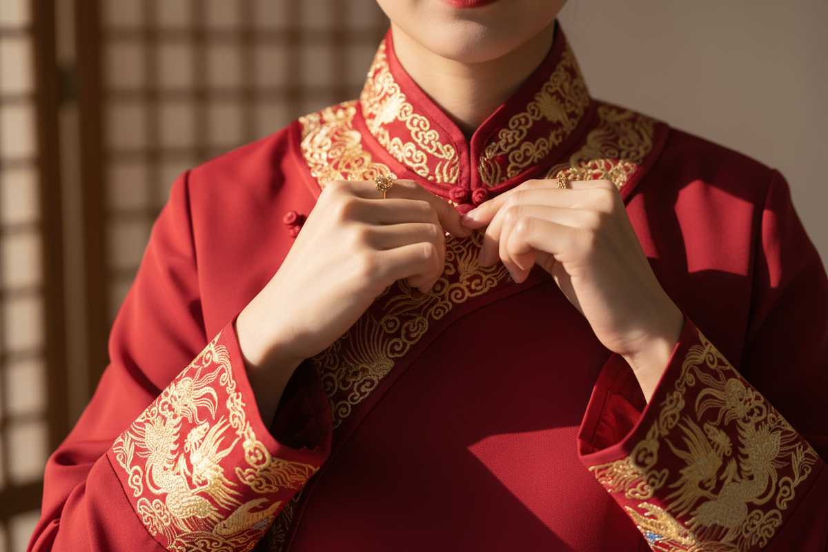 How to wear Hanfu 2026 — hands crossing collar right over left crimson chiffon gold embroidery elegant close-up — Olive Girl