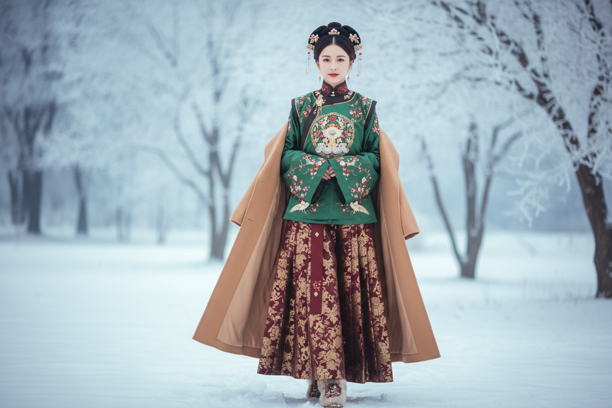 How to wear Hanfu in winter 2026 — elegant East Asian woman layered jacquard Hanfu dress embroidered vest camel wool coat snowy winter scene warm sophisticated culturally confident, Olive Girl
