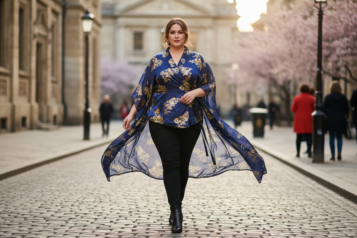 Inclusive ethereal style: adjustable Hanfu wrap top with structured modern denim jeans.