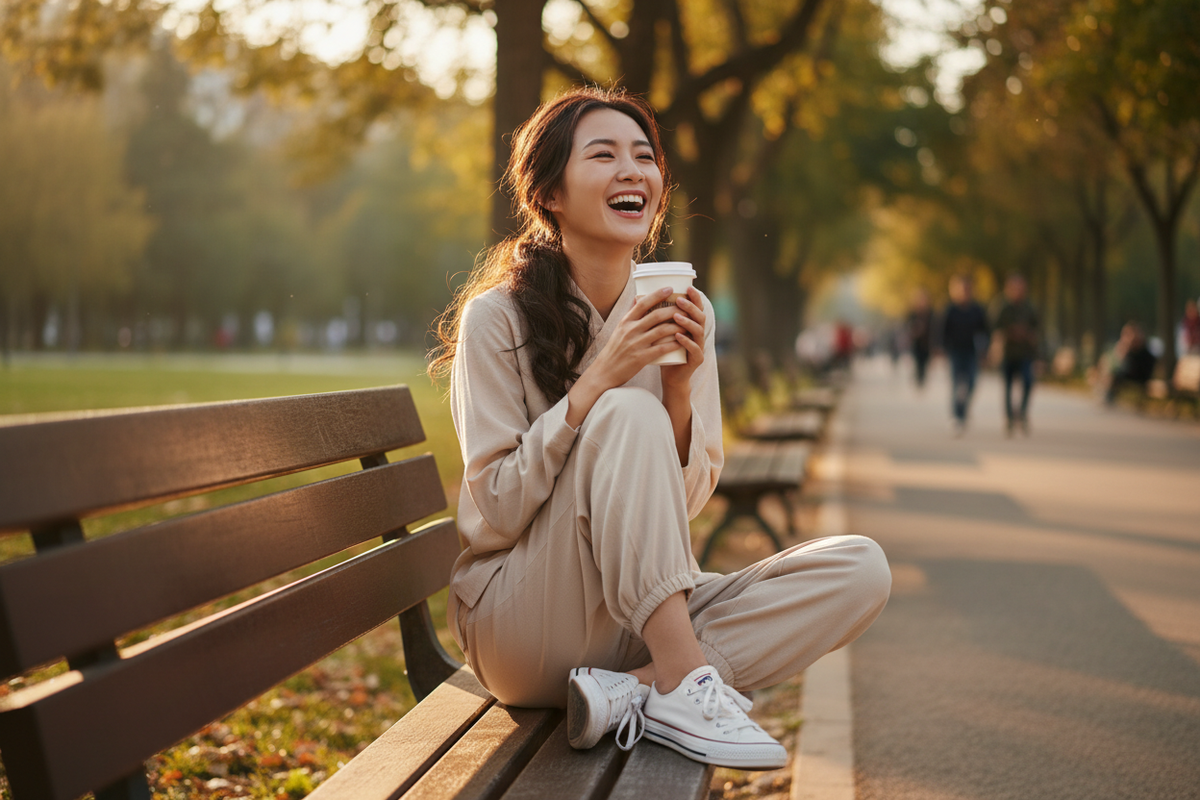 Is Hanfu comfortable to wear 2026 — relaxed East Asian woman in beige Hanfu lantern pants sitting on park bench laughing with coffee white sneakers, everyday comfort, Olive Girl