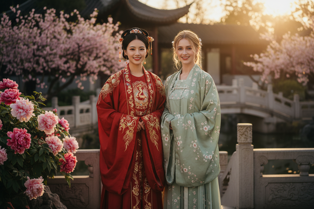 Is Hanfu cultural appropriation 2026 — East Asian and Western women in authentic Hanfu classical garden cultural appreciation — Olive Girl