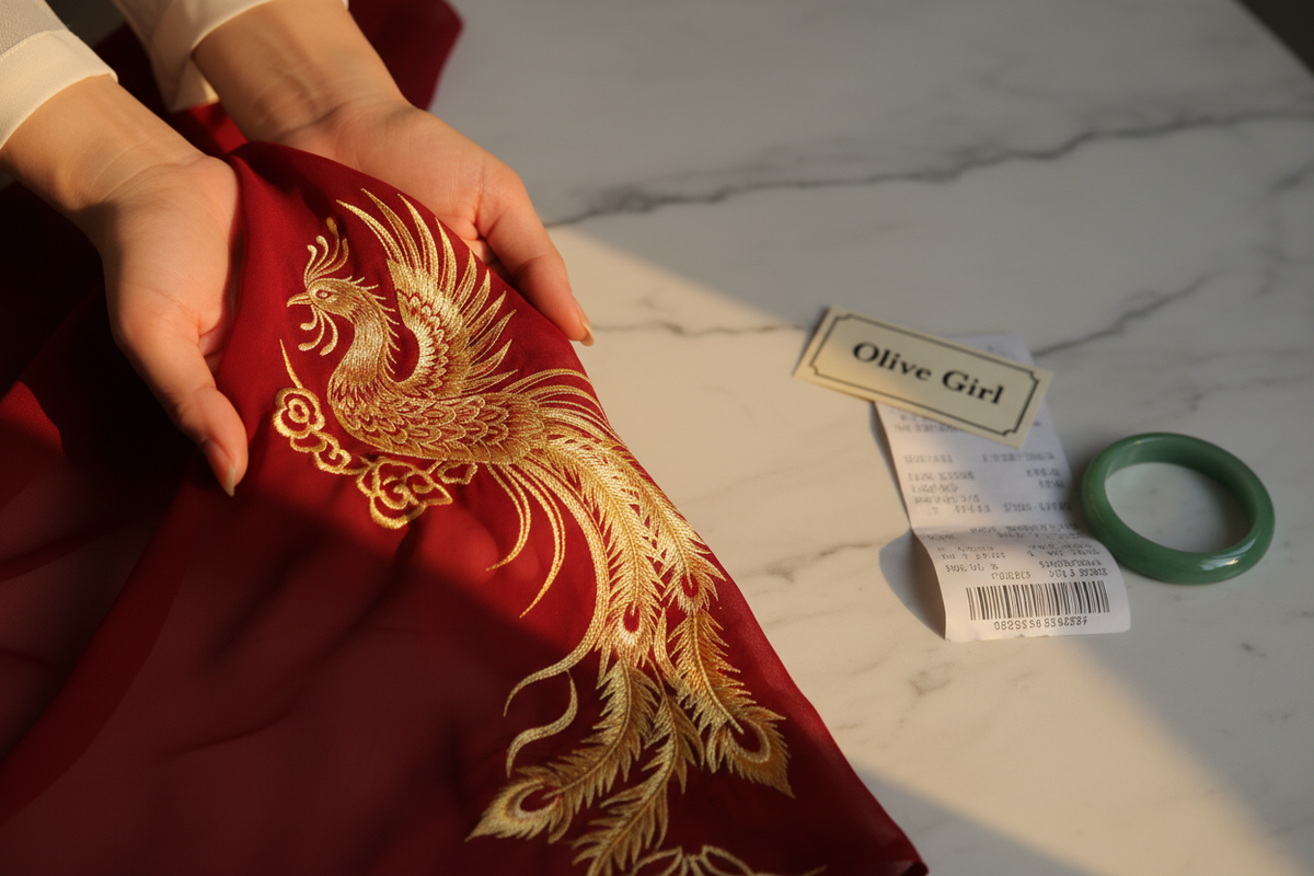 Is Olive Girl legit review 2026 — hands holding authentic embroidered Hanfu fabric deep red chiffon gold phoenix real embroidery texture depth Olive Girl tag shipping receipt jade bangle white marble trustworthy authentic, Olive Girl