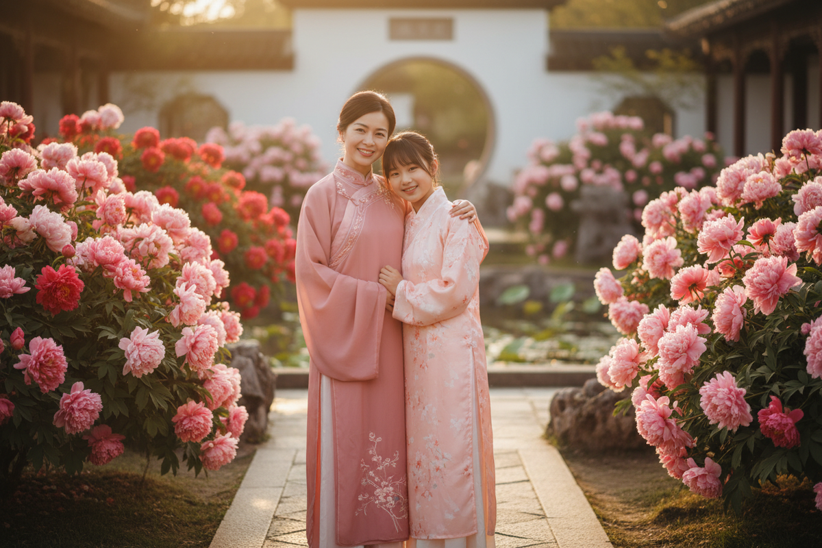 Kids Hanfu guide 2026 — East Asian mother and teenage daughter both wearing pink Hanfu standing together in sunlit Chinese garden blooming peonies golden light heritage, Olive Girl