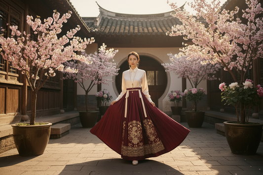Ma Mian skirt complete guide — authentic horse face skirt in burgundy with gold embroidery, Ming Dynasty heritage fashion for Western women