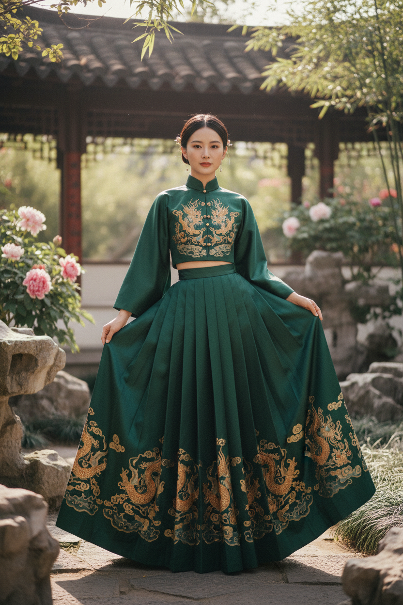 Elegant Chinese Ma Mian Skirt in jade green with gold embroidery — Ming Dynasty horse face skirt worn as real fashion