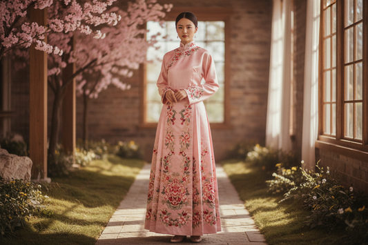 Ma Mian Skirt Horse Face Skirt — pink embroidered four-panel Chinese heritage skirt, authentic not costume, Olive Girl 2026