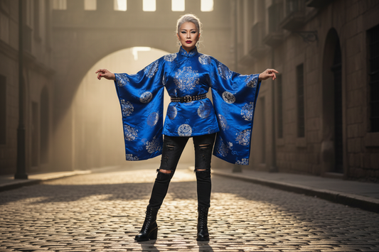 Mature ethereal style: vibrant blue Hanfu wrap over black streetwear denim, breaking cosplay vibes.