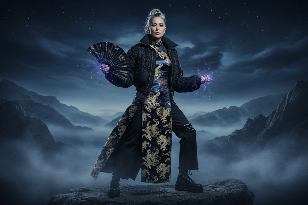 Mature dark ethereal style: a dark jacquard Qipao paired with edgy black streetwear denim.
