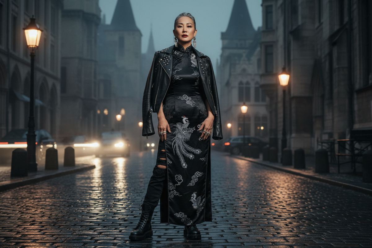 Mature dark ethereal fashion: dark heritage Qipao paired with black streetwear denim jeans.