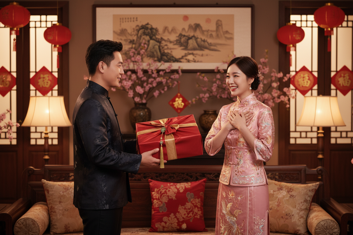 Men's Hanfu gift guide 2026 — man presenting gift box to elegant East Asian woman in pink Qipao warm golden light intimate setting, best Hanfu gift for her, Olive Girl