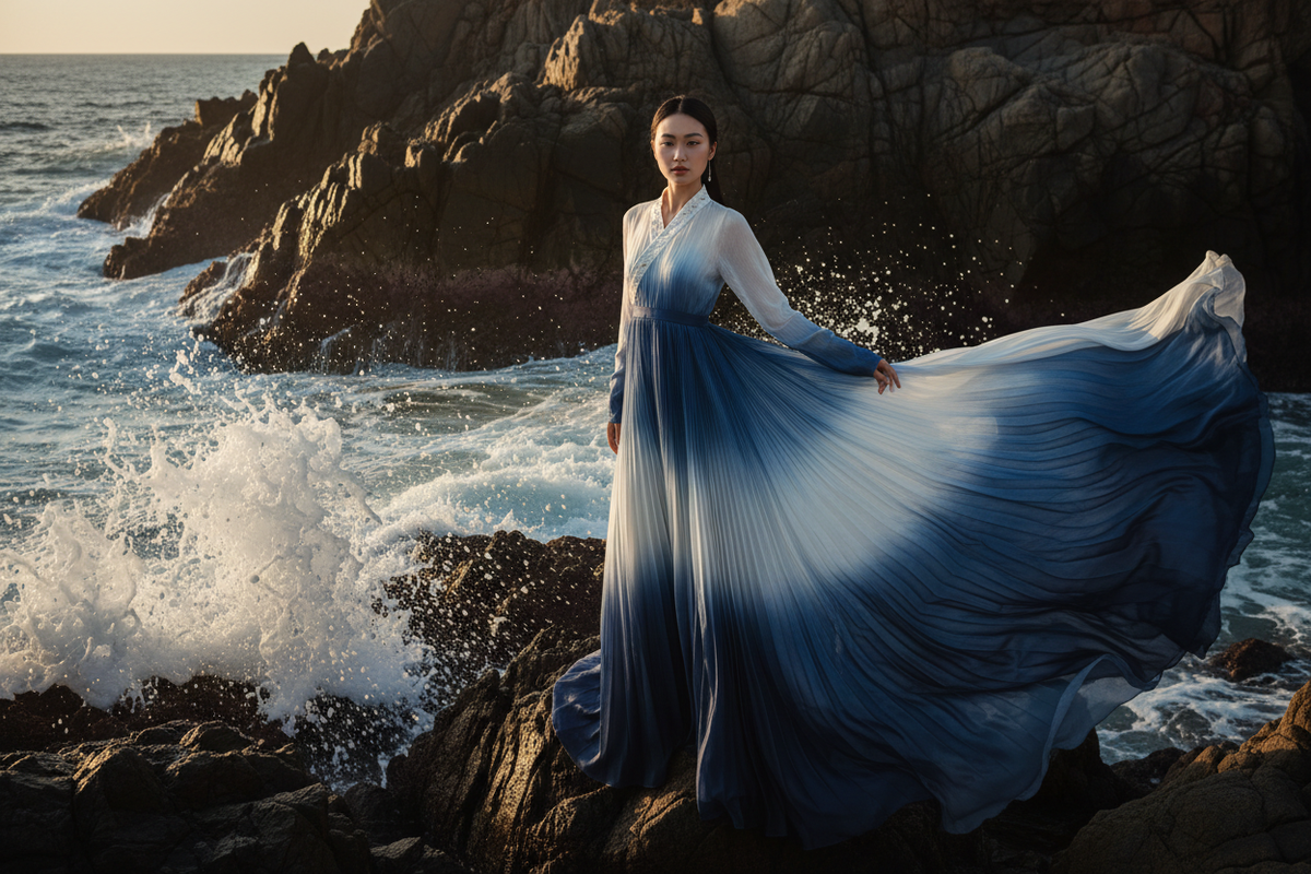A high fashion editorial photography of a beautiful Asian woman wearing a breathtaking ethereal flowing blue and white gradient Hanfu dress that evokes a luxurious siren and mermaidcore aesthetic standing by a dramatic rocky coastline