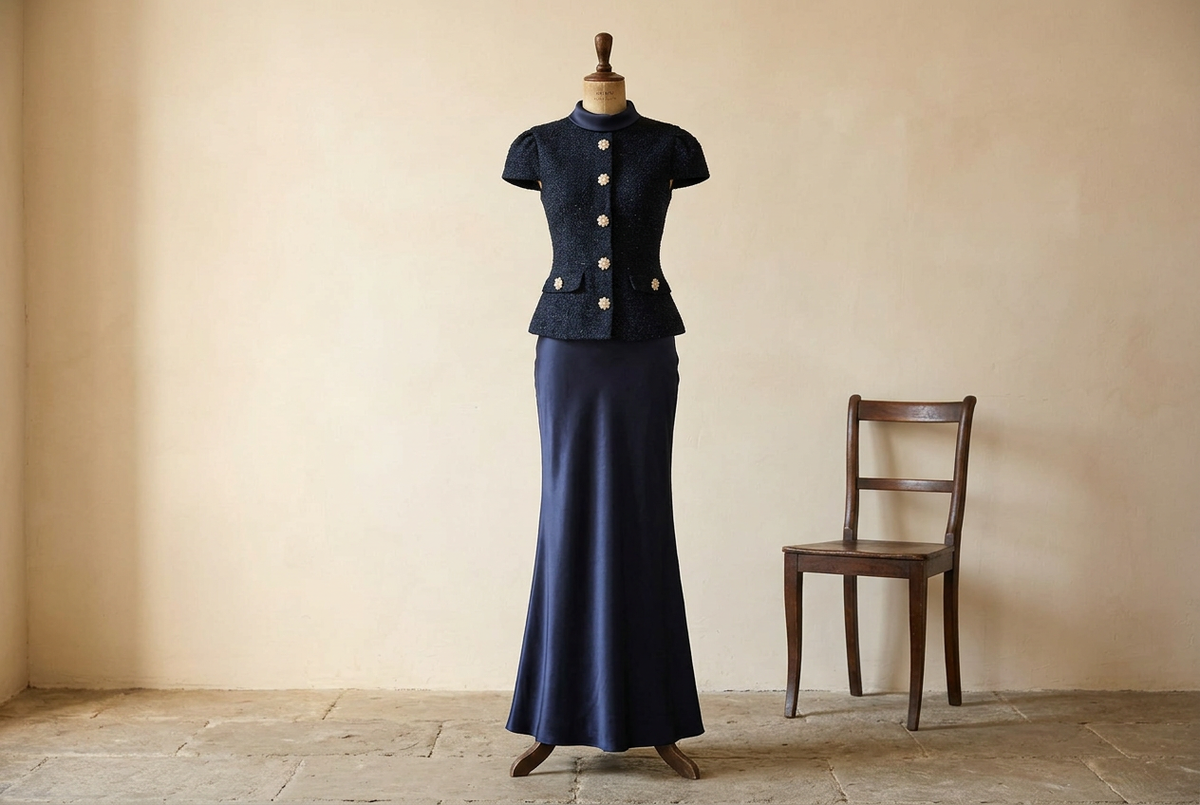 Navy Skirt Sets for Dinner: Decorative Buttons or a Front Opening?