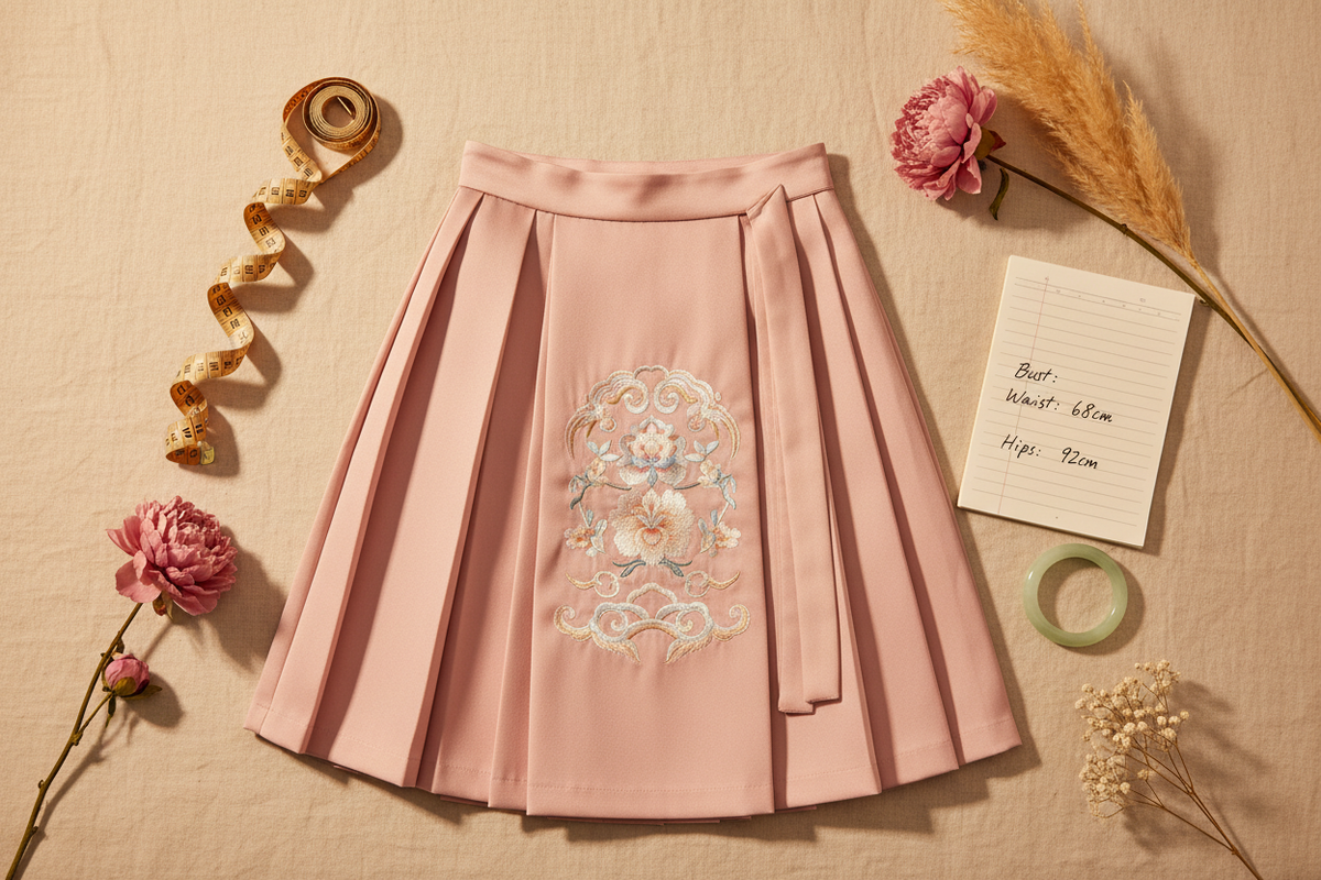 Olive Girl Hanfu size guide 2026 XS to 3XL — pink Ma Mian Skirt flat-lay with measuring tape notebook jade bangle on cream background, how to find your perfect fit