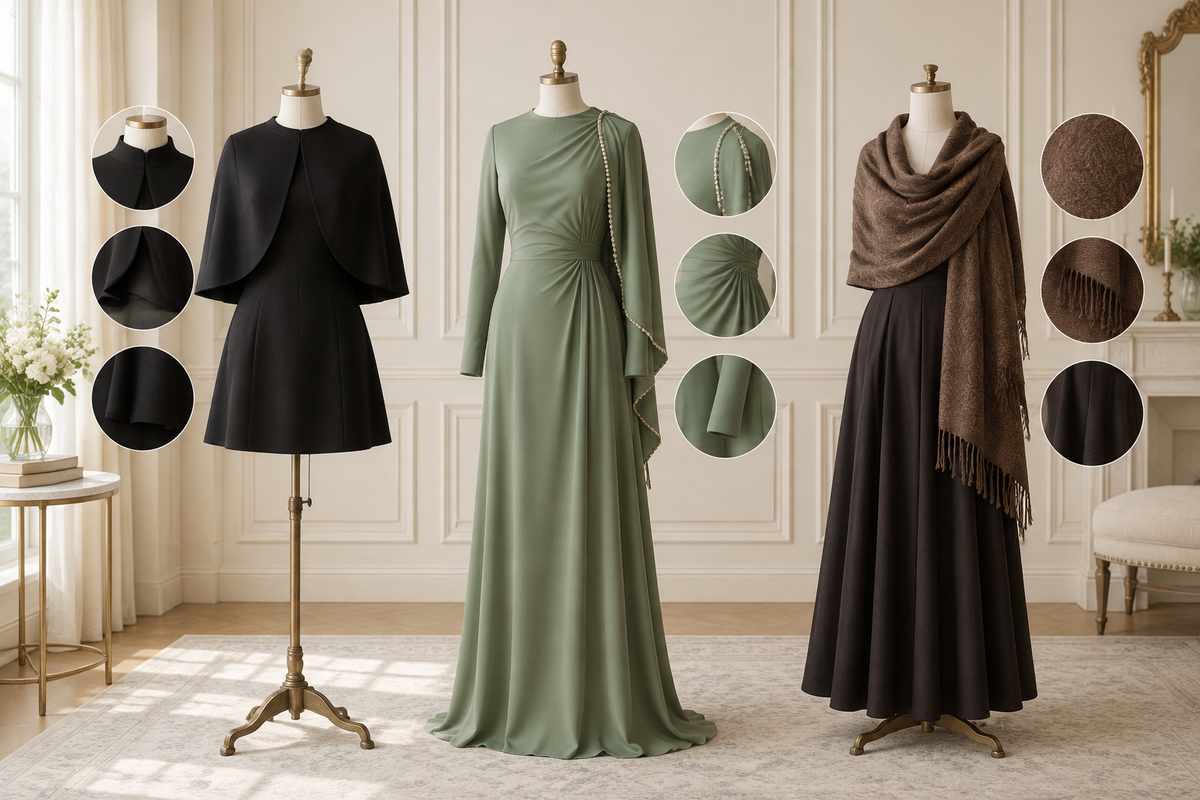 Cape dress, draped green gown and brown shawl outfit displayed in a cream studio.
