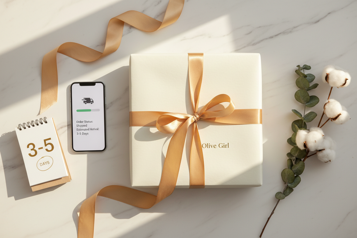 Olive Girl shipping guide 2026 — beautifully wrapped package gold ribbon smartphone tracking notification calendar 3-5 days free shipping US UK EU AU, Olive Girl