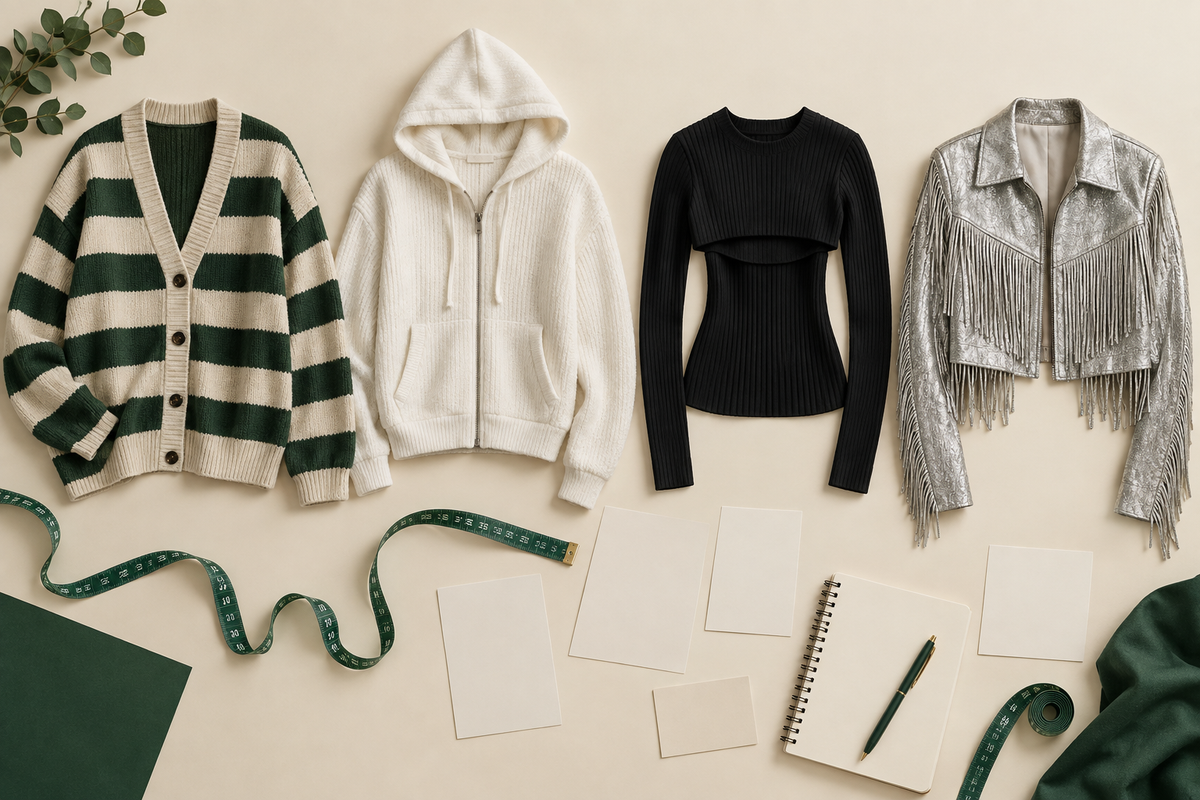 Four single-size clothing examples beside measuring tools in a fashion studio.