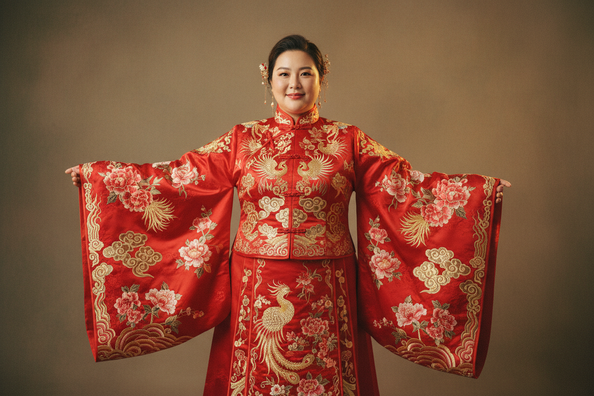 Plus size Hanfu dress 2026 — confident woman in red embroidered Hanfu with wide flowing sleeves, XS-3XL authentic not costume, Olive Girl