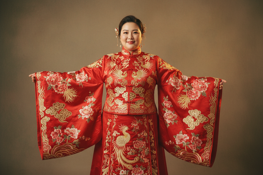 Plus size Hanfu dress 2026 — confident woman in red embroidered Hanfu with wide flowing sleeves, XS-3XL authentic not costume, Olive Girl