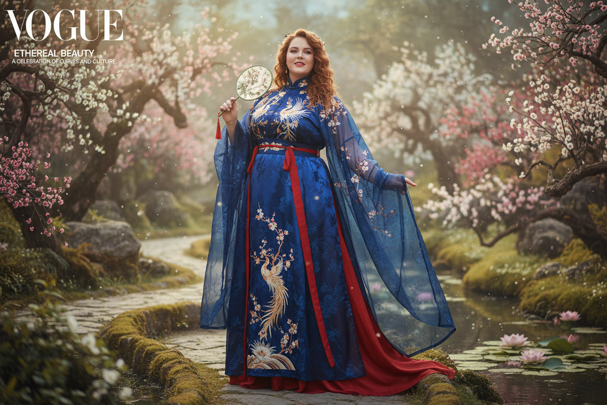 Confident plus-size Caucasian woman wearing a beautifully draped traditional Chinese Hanfu dress in a romantic garden