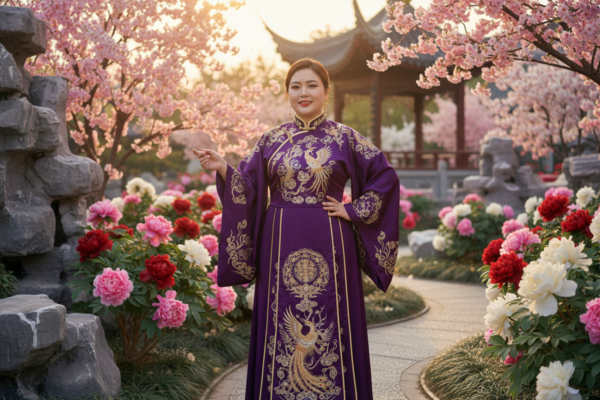 Plus size Hanfu XS-3XL 2026 — confident radiant plus-size East Asian woman wide-sleeve Tang Dynasty Hanfu deep purple gold phoenix embroidery classical Chinese garden peonies powerful proud culturally confident, Olive Girl