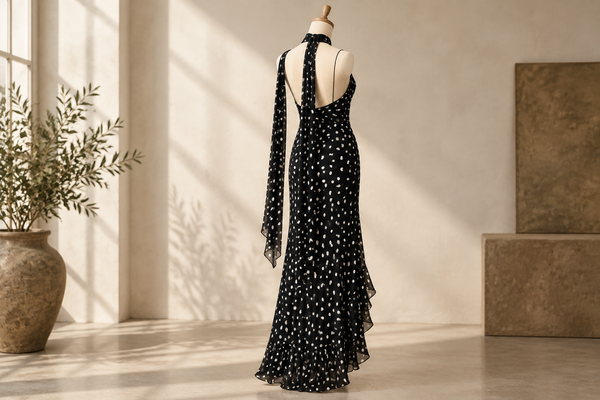 Polka-Dot Dress with a Long Neck Scarf: Plan the Back View