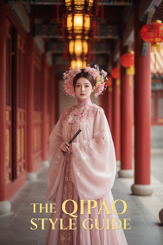 Qipao complete style guide — pink Hanfu dress in traditional Chinese palace setting, red and gold