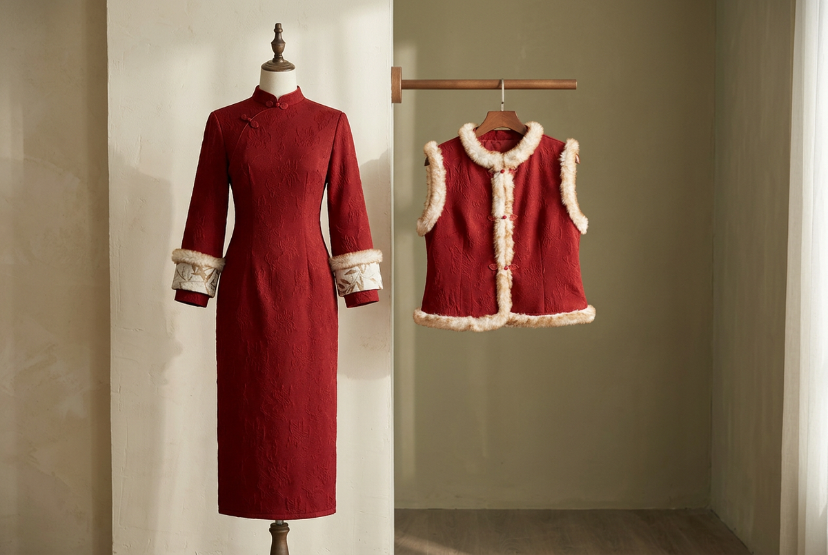 Red Qipao and Trimmed Vest: Choose Each Layer for Dinner