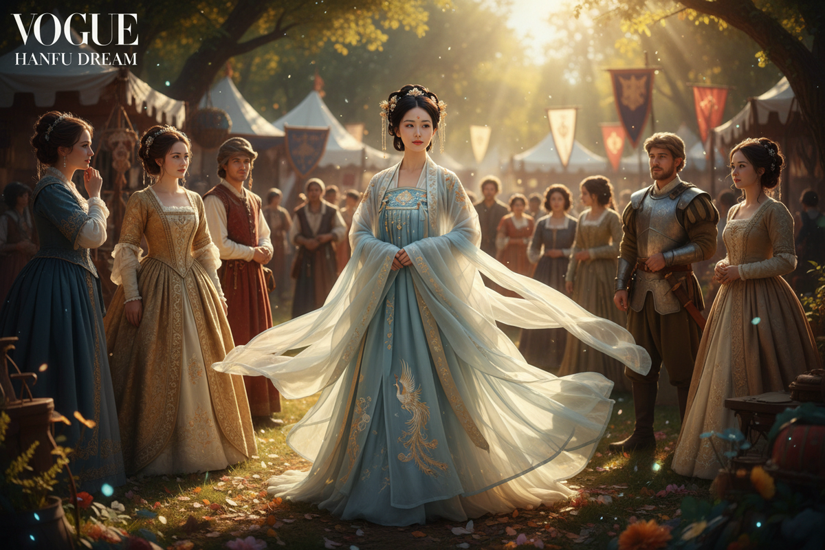Beautiful Asian woman wearing a breathtaking flowing traditional Chinese Hanfu dress standing in a vibrant Renaissance Faire setting