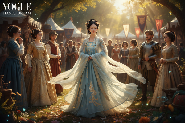 Beautiful Asian woman wearing a breathtaking flowing traditional Chinese Hanfu dress standing in a vibrant Renaissance Faire setting