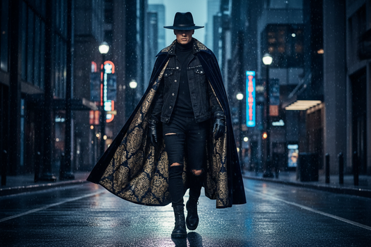 Dark academia Royalcore style: a dramatic prince cloak worn over modern black streetwear denim.