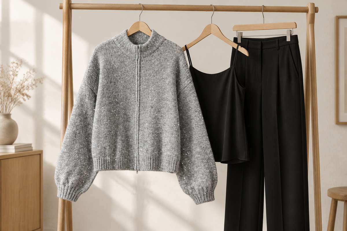 Sequin Cardigans with Black Bottoms: Jeans or a Long Skirt?
