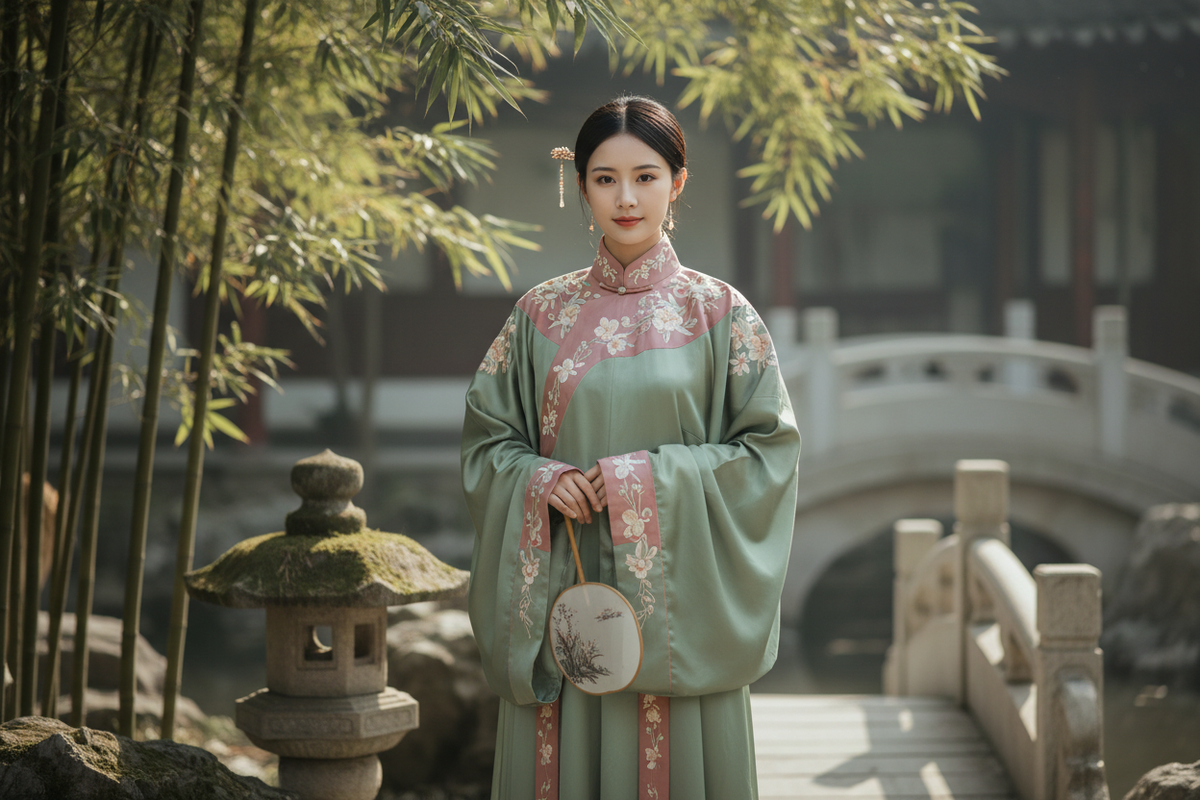 Song dynasty Hanfu 2026 — sage green Ruqun floral embroidery classical garden jade hair stick — Olive Girl