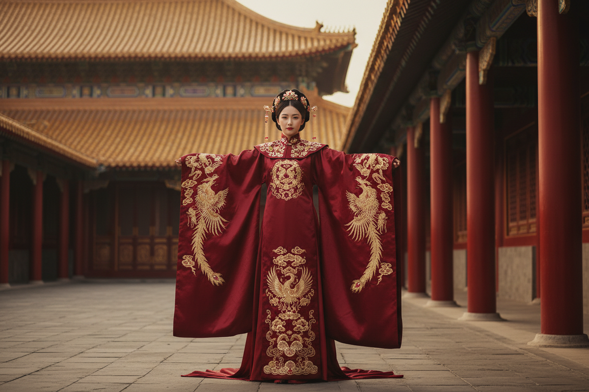 Tang dynasty Hanfu 2026 — crimson da xiu wide sleeves gold phoenix embroidery palace courtyard — Olive Girl