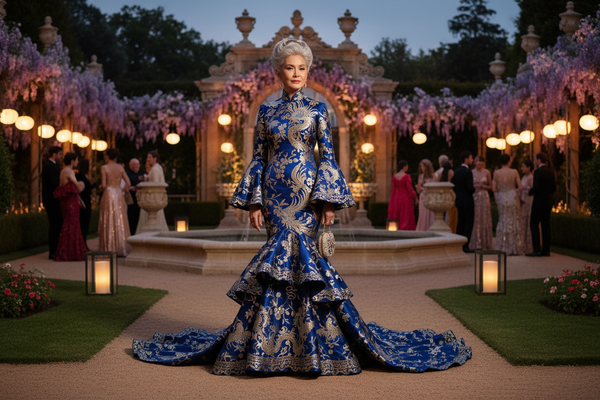 High fashion editorial photography featuring an elegant mature woman attending a luxurious garden party wearing a breathtaking, high-end Eastern heritage mermaid maxi dress, demonstrating The Cultured Silhouette Hack for creative formal dress codes.