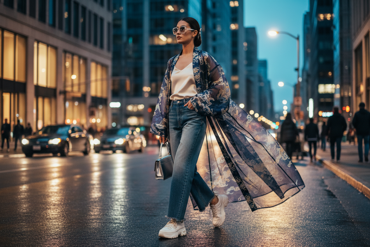 High fashion editorial photography featuring an elegant woman in a city wearing premium vintage wash denim jeans paired with a sheer traditional Chinese Hanfu jacket, illustrating The Denim-Hanfu Hybrid Formula to escape the minimalist fashion trap.