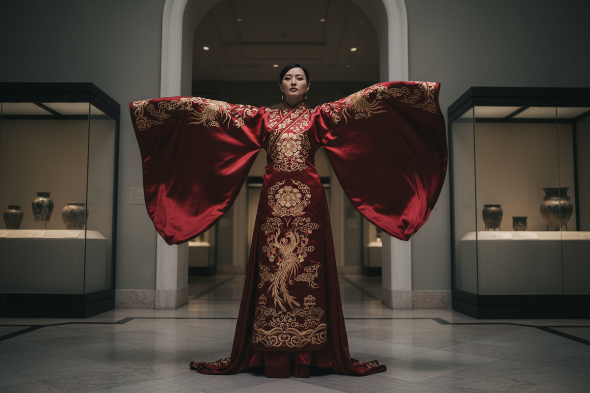 What is Hanfu 2026 — East Asian woman in crimson Tang dynasty Hanfu wide flowing sleeves gold embroidery museum gallery cultural authority Chinese heritage fashion, Olive Girl