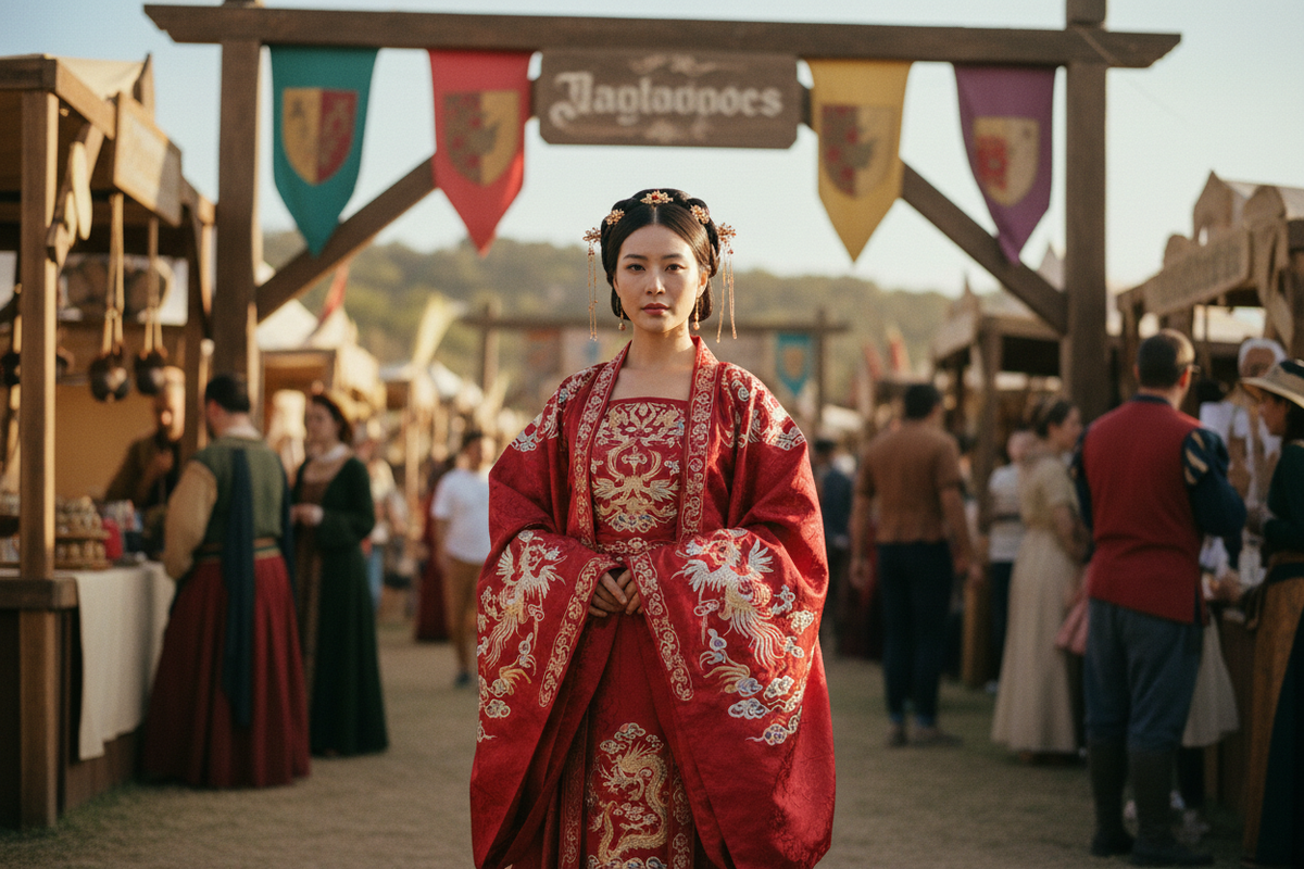 What to wear to Ren Faire — dramatic red embroidered Hanfu dress at Renaissance Faire, authentic not costume, Olive Girl 2026