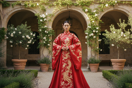 Elegant Chinese heritage woman in red embroidered Hanfu dress — authentic, not costume — Olive Girl 2026