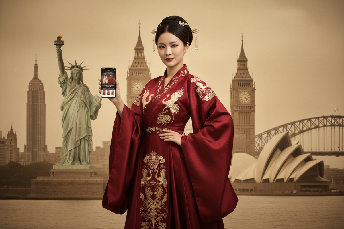 Where to buy authentic Hanfu in US UK Australia 2026 — confident East Asian woman embroidered Hanfu dress Western city landmarks globally connected free shipping 3-5 days, Olive Girl