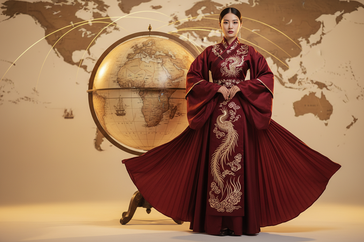 Where to buy Hanfu in USA 2026 — editorial fashion East Asian woman crimson Hanfu wide sleeves gold embroidery global shipping free US shipping all 50 states 3-5 days, Olive Girl