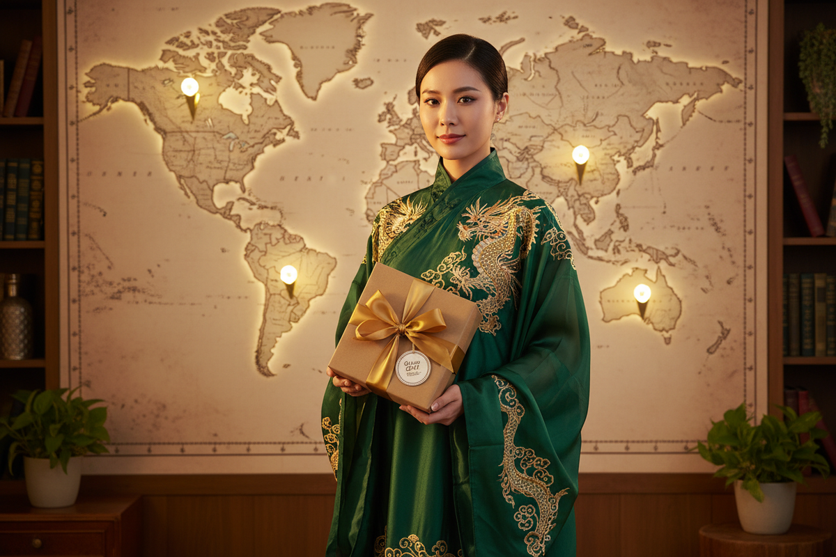 Where to buy Hanfu US UK Australia Canada 2026 — elegant East Asian woman forest green chiffon Hanfu gold embroidery world map four pins USA UK Australia Canada Olive Girl package kraft paper gold ribbon authentic Hanfu delivered worldwide, Olive Girl