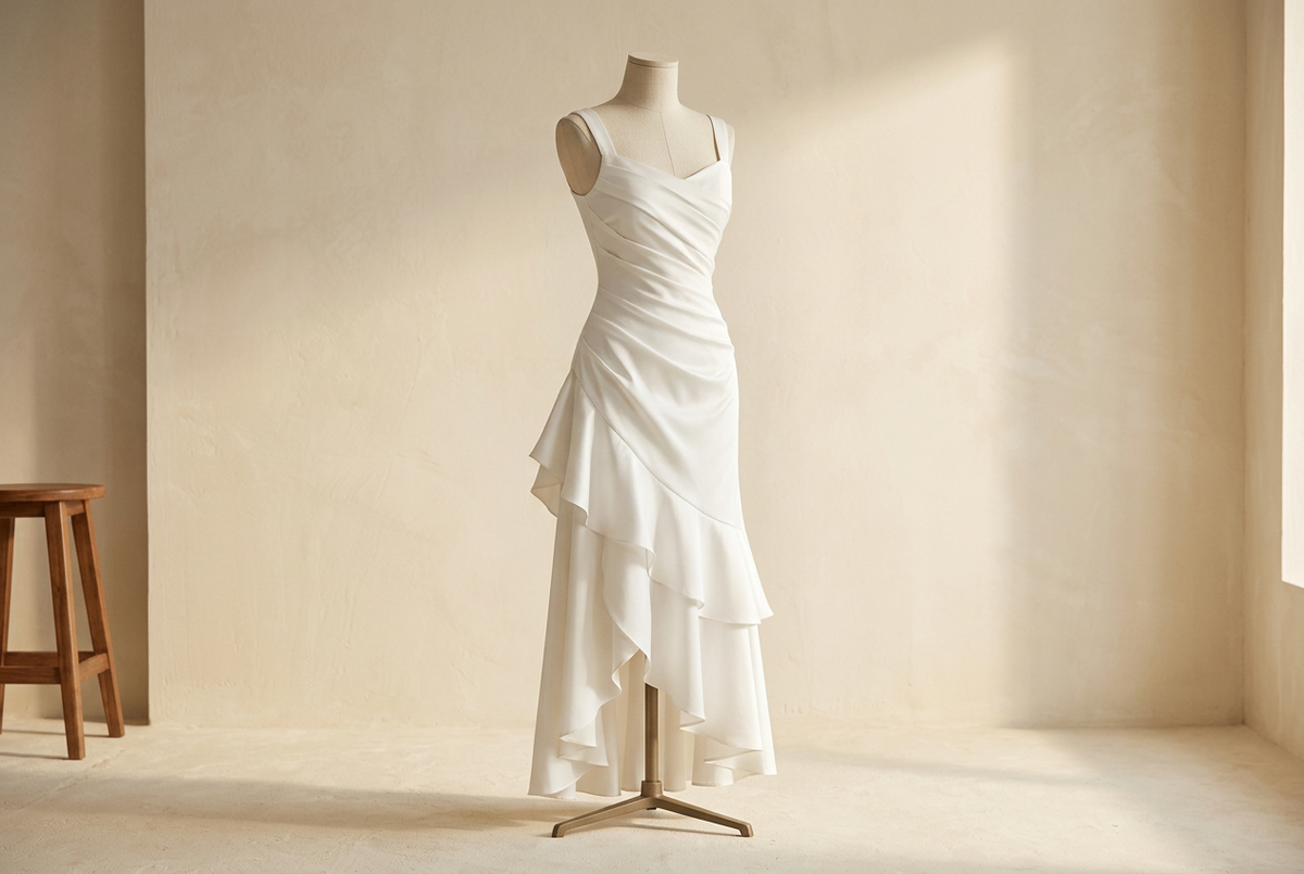 White Cascade Dresses for Dinner: Let the Diagonal Lead
