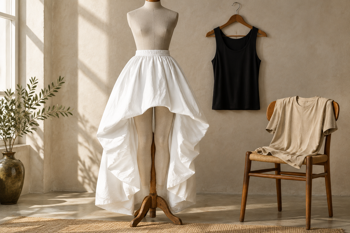 White High-Low Skirt Outfits: Black Tank or Neutral Tee?