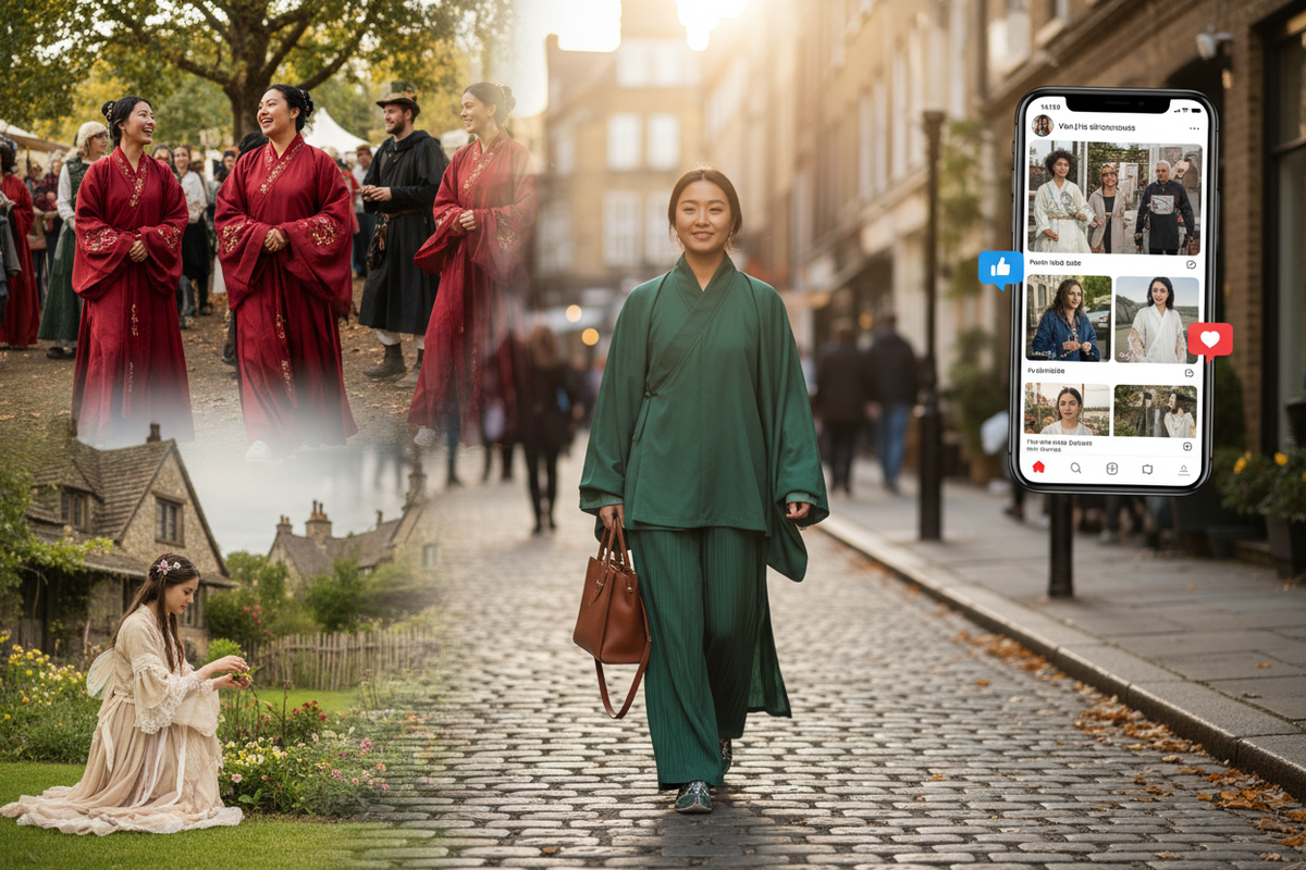 Why is Hanfu trending in the West 2026 — Chinese diaspora woman in modern green Hanfu on Western city street, global Hanfu movement editorial montage, Olive Girl