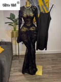 Women Flare Long Sleeve Stacked Dot Mesh See Though with Lining Maxi Long Dress 2025 Evening Birthday Sexy Party Dresses