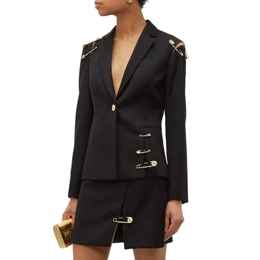 Chic Spliced Metal Pin Slimming Blazer for Women Notched Collar Long Sleeve Patchwork Mesh Hollow Out Fashion Jacket Female