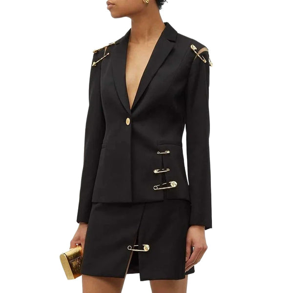 Chic Spliced Metal Pin Slimming Blazer for Women Notched Collar Long Sleeve Patchwork Mesh Hollow Out Fashion Jacket Female