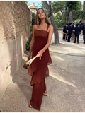 Brown Glitter Chiffon Tiered Maxi Dress Elegant One Shoulder Square Neck Flowy dresses 2026 Summer Formal Wedding  Party gowns