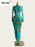 Tie Dye Printed Women Set Wrap Crop Top + Ruched Maxi Skirt 2026 Summer Beach Vacation Birthday Two Piece Set Outfits