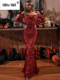 Women Autumn Winter Floor-Length Dress Elegant Long Sleeve Slash Neck Sequin Club Party Dresses Sexy Long Gown Maxi Dress